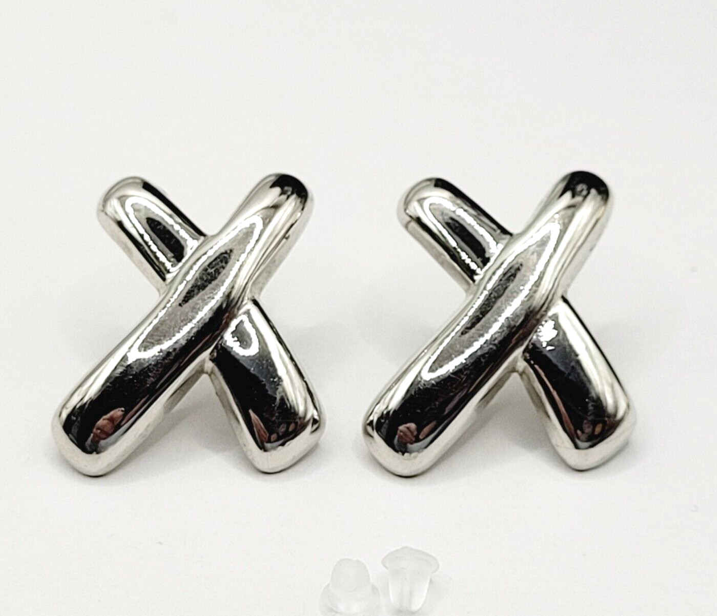 Classic Modernist X Kisses Silver Tone Pierced Stud Vintage 1980s Earrings