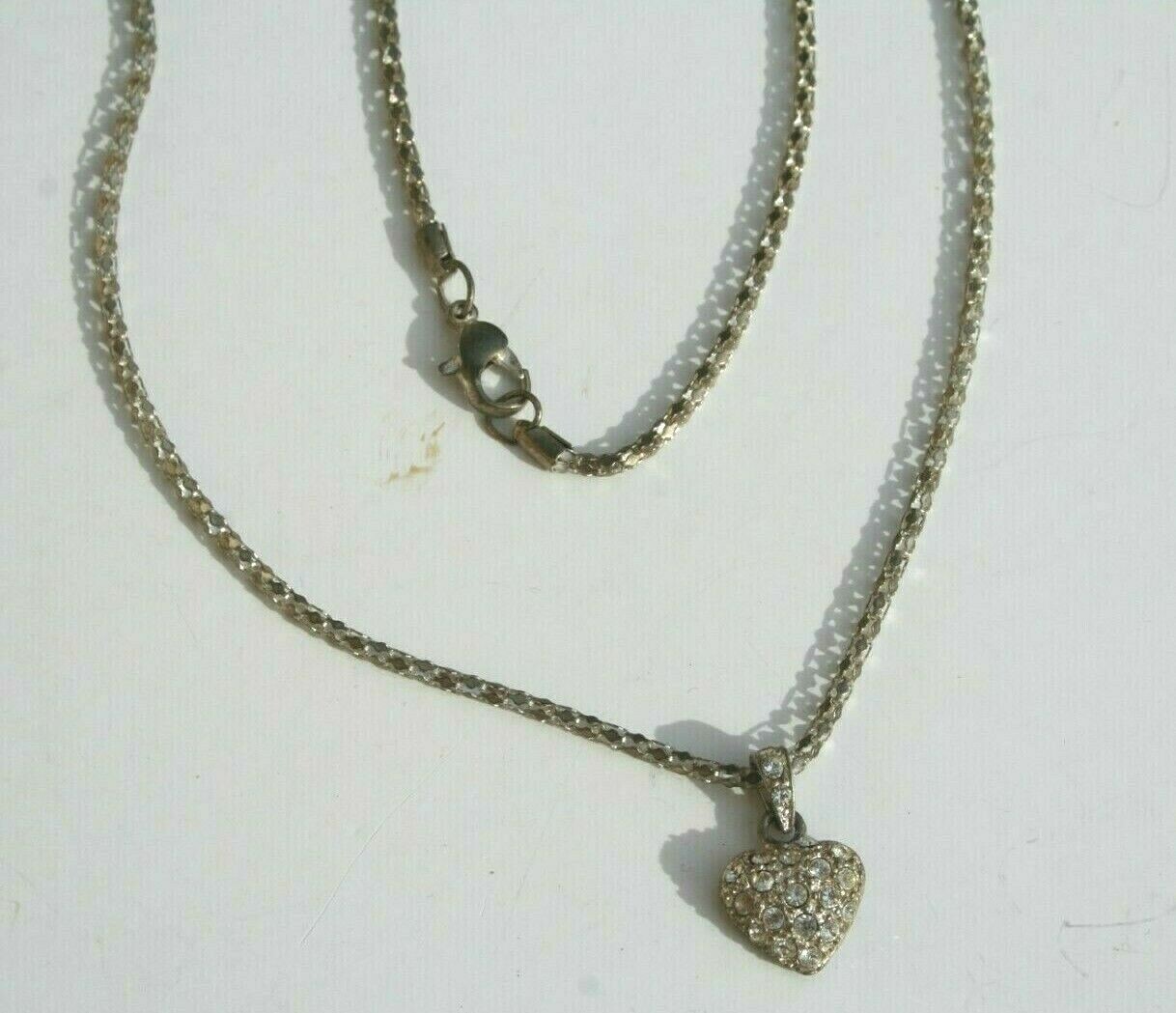 vtg Pave Crystal Necklace Heart Rhinestone Pendant Silver Tone Chain 18″