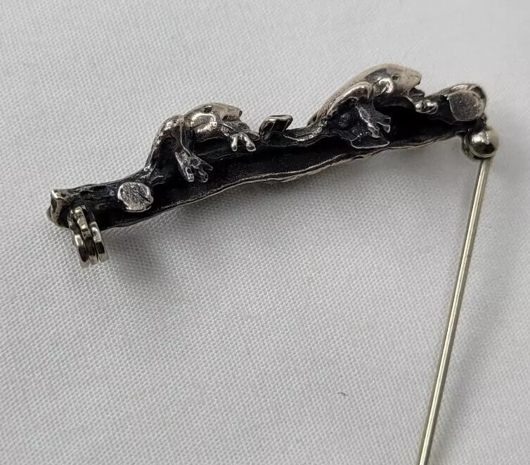 Vintage Frog Brooch Frogs On A Log Sterling Silver Bar Pin Artist Made Estate