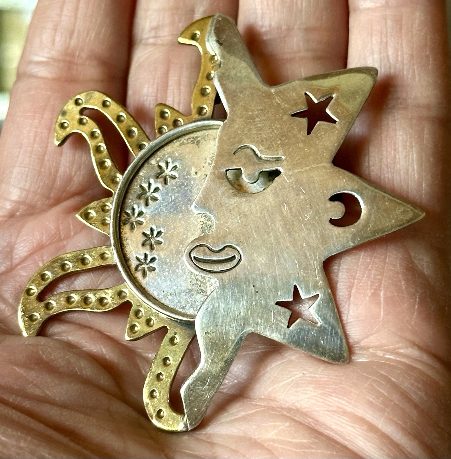 925 Sterling Silver 2 Tone Mexico Eclipse Sun & Moon Pin Brooch LATON 2.5”