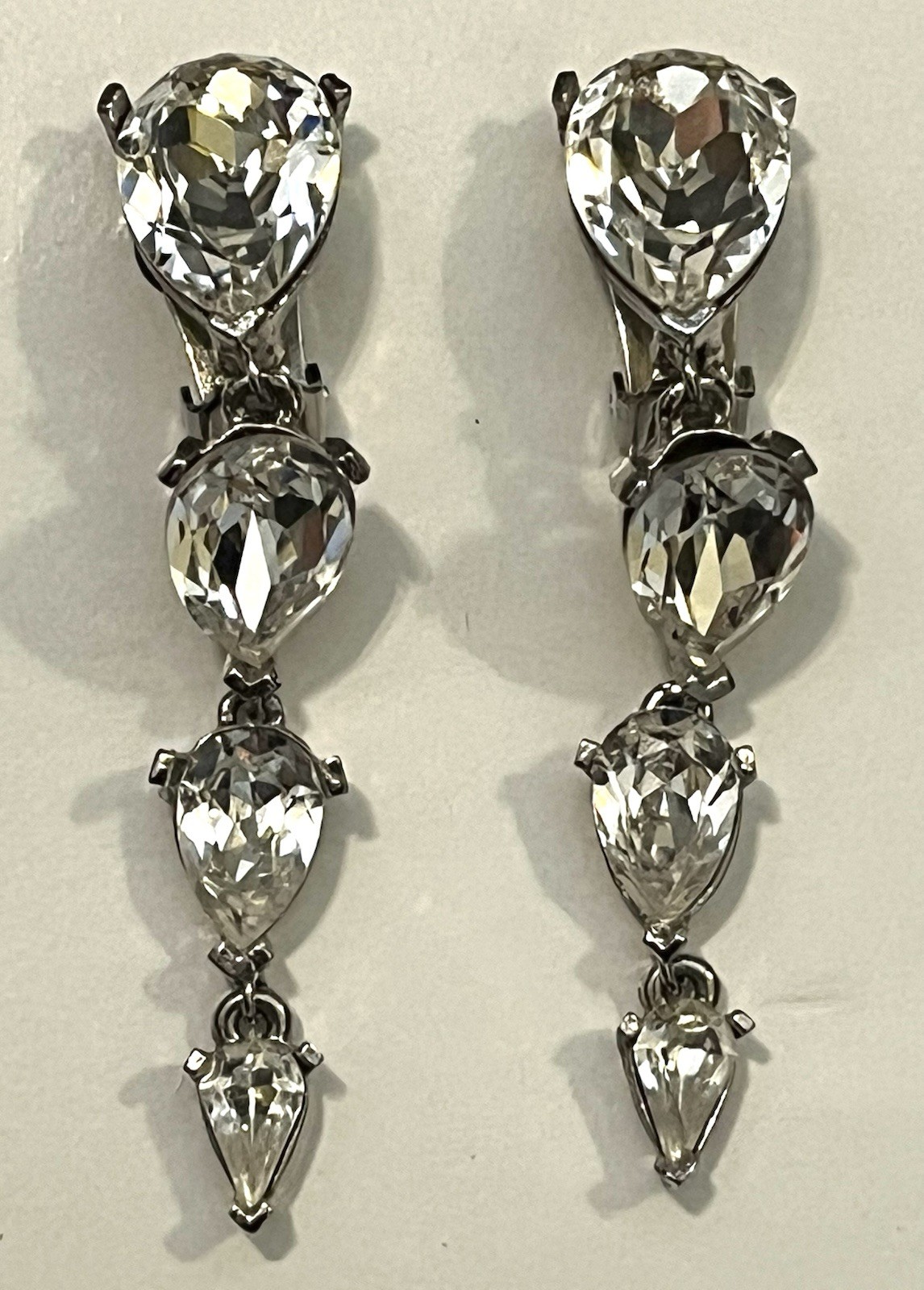 VTG Todd Anthony Statement Earrings Clip-On Dangling Teardrop Clear Rhinestones