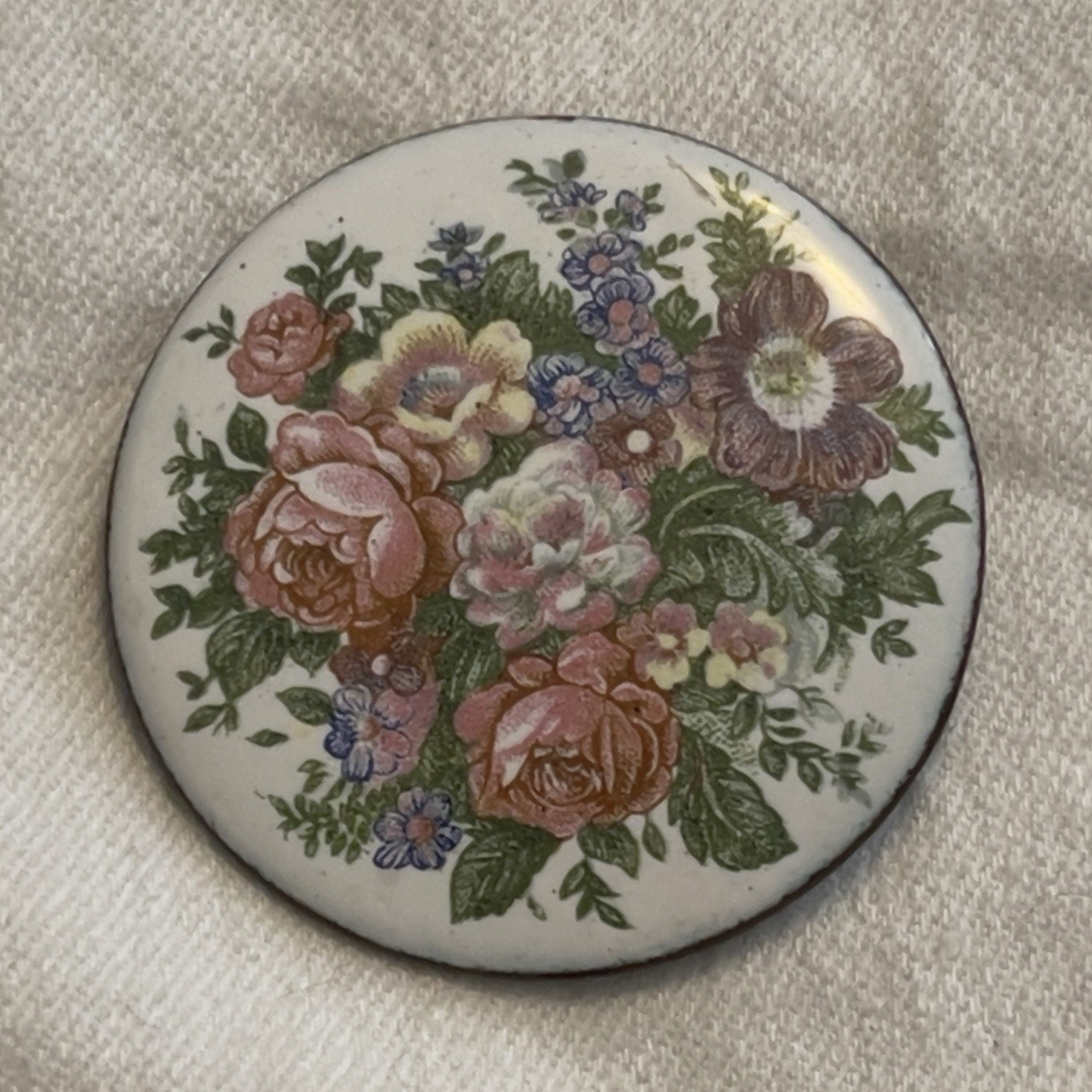Round Floral Enamel Brooch Pin – Multicolor Flowers – vintage 2”