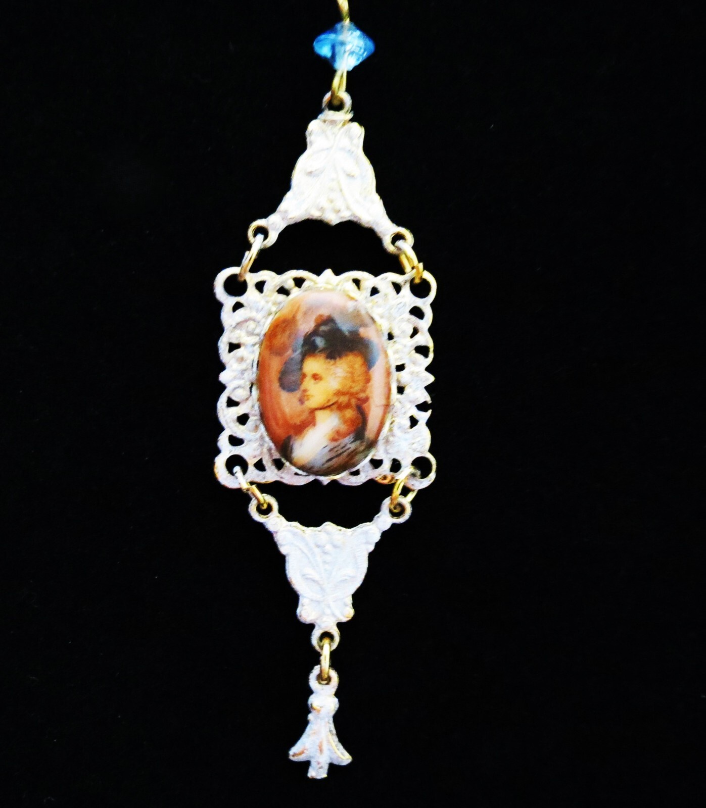Vintage Cameo Portrait Pendant Hand Painted Transferware Porcelain White Wash