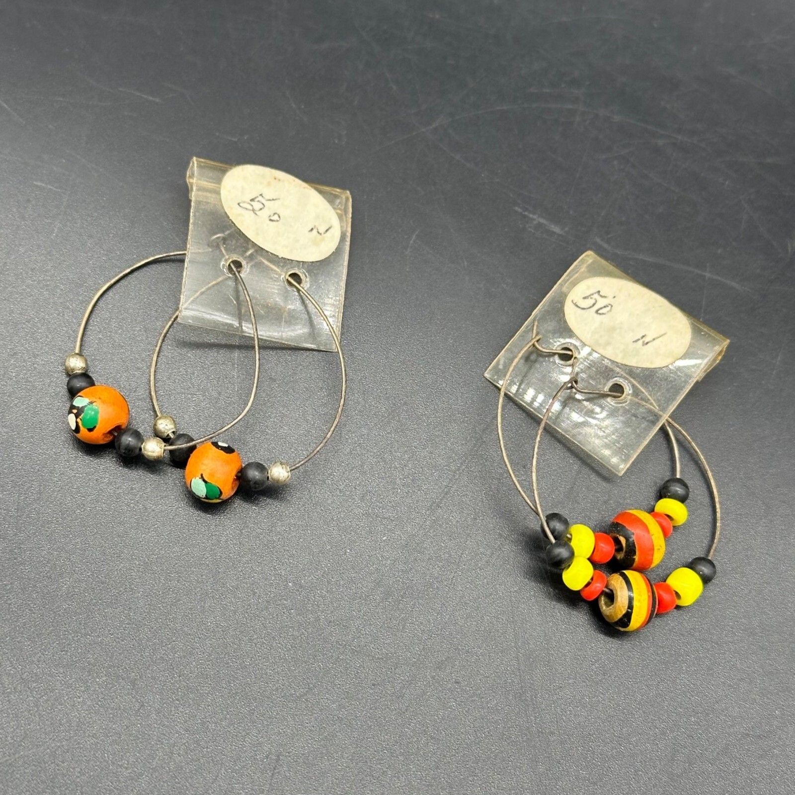 Vintage Hoop Earrings Colorful Wood Beads Funky Retro Jewelry Boho 1960s Hippie