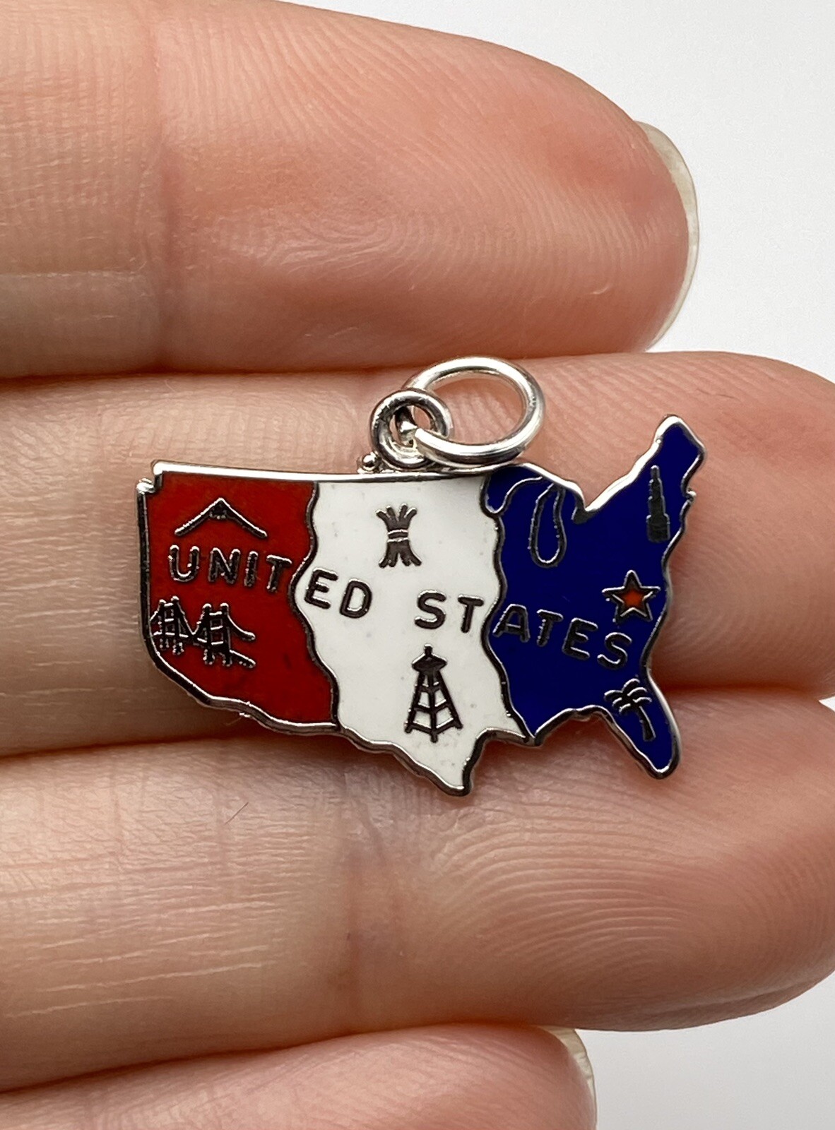 Vintage Griffith Sterling Silver Enamel UNITED STATES OF AMERICA USA Map Charm