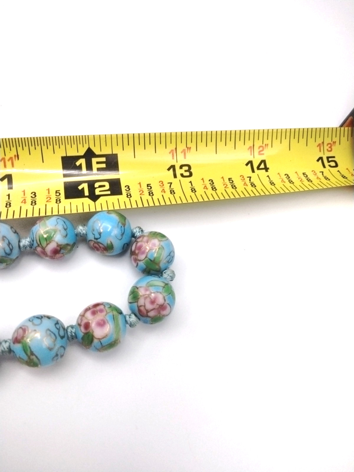 Vintage Hand Painted Faux Cloisonne Porcelain Bead Knotted Necklace Blue 25″