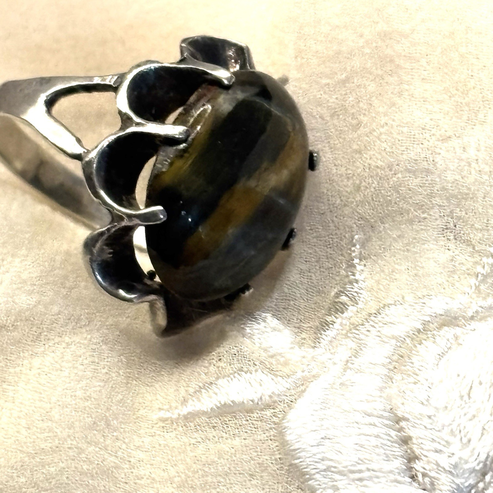 Tigers Eye Ring Cabochon 925 Silver Cocktail Statement Size 7 VTG