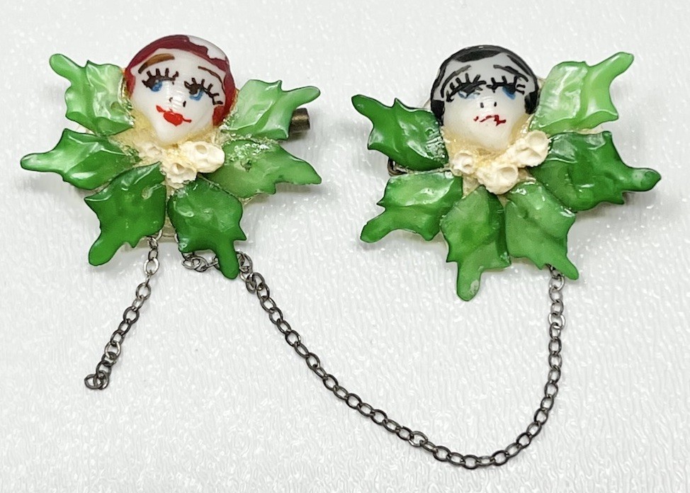 Vintage Brooch Pixie People Leaves Flapper Art Deco Mid Century Look As Is Read