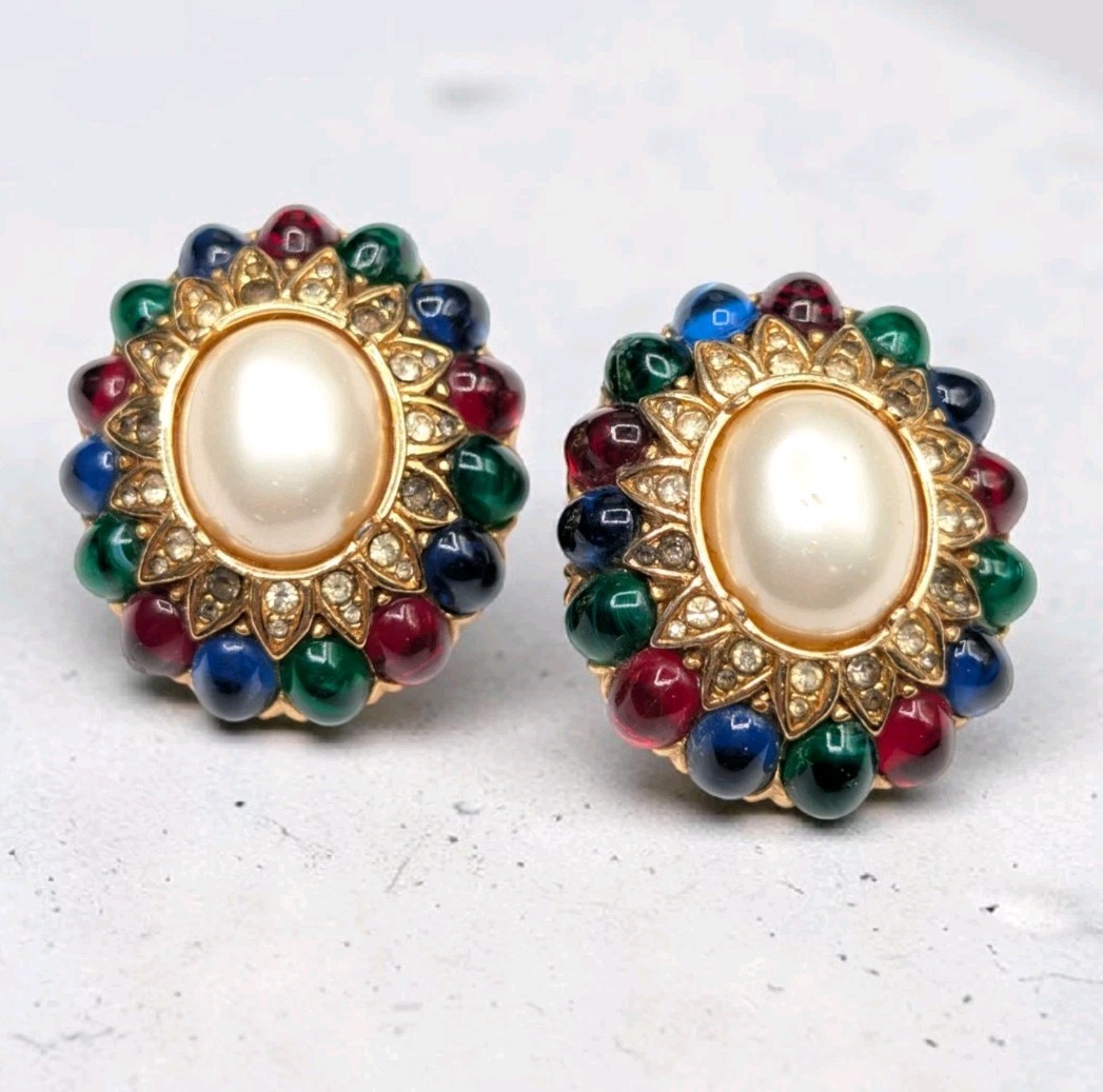 CINER Jewels Of India Moghul Glass Faux Pearl Clip On Gold Tone Earrings ⚠️Read
