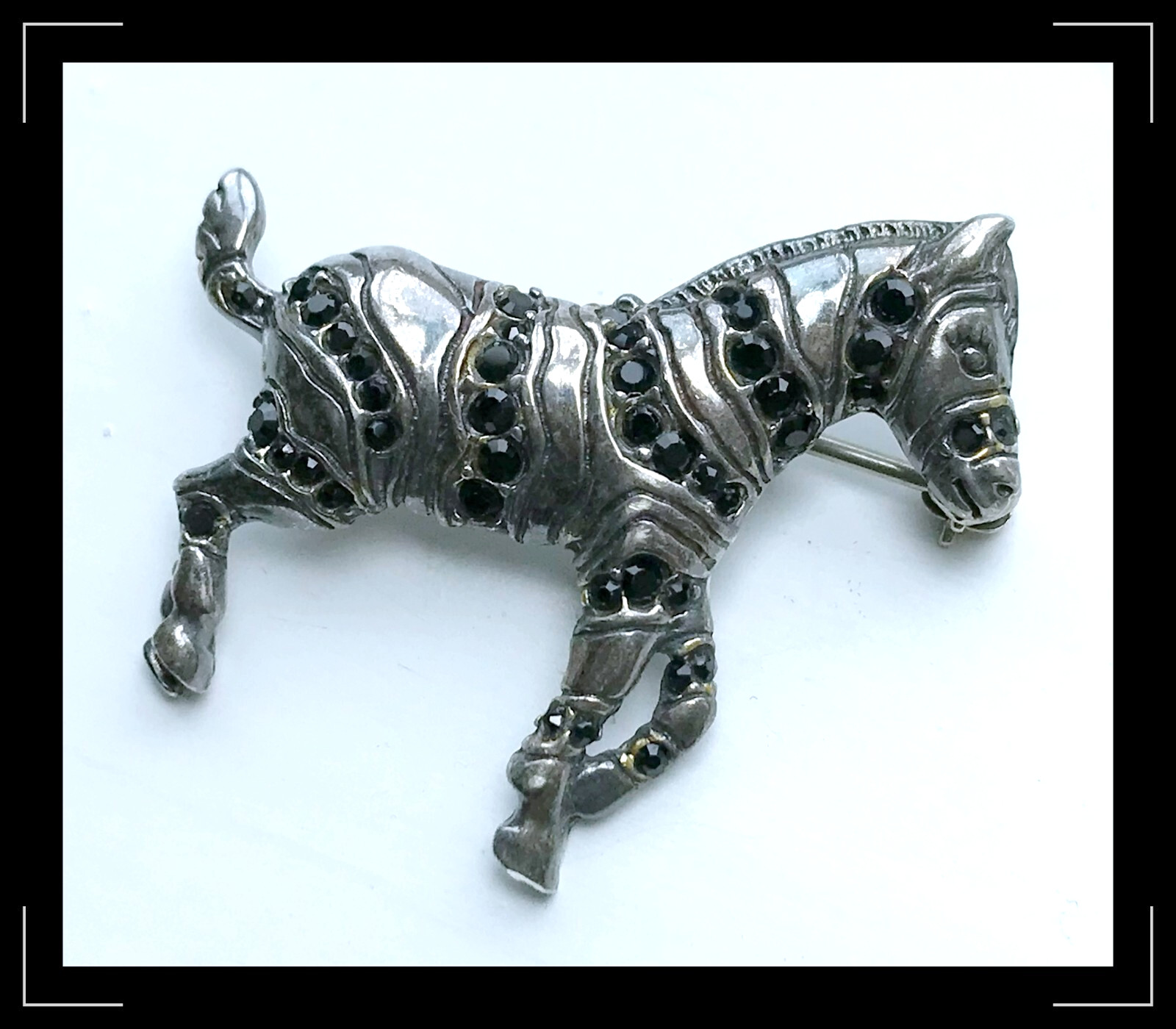 VTG 925 Sterling Silver Black Crystal Striped Zebra Horse Pin Brooch 4 grams