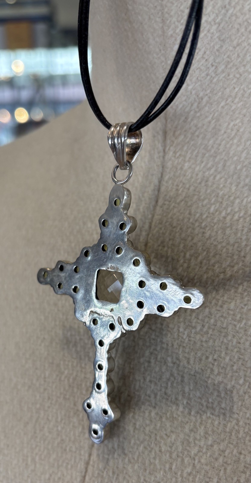 Vintage Peridot & Topaz Stone 7.5cm Sterling Silver Cross Pendant