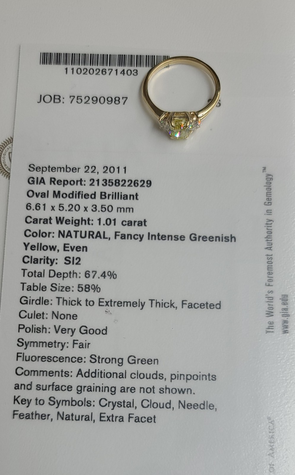 14k Yellow Gold Ring 1.01CT.Natural Fancy Intense Yellow Diamond Oval GIA CERT