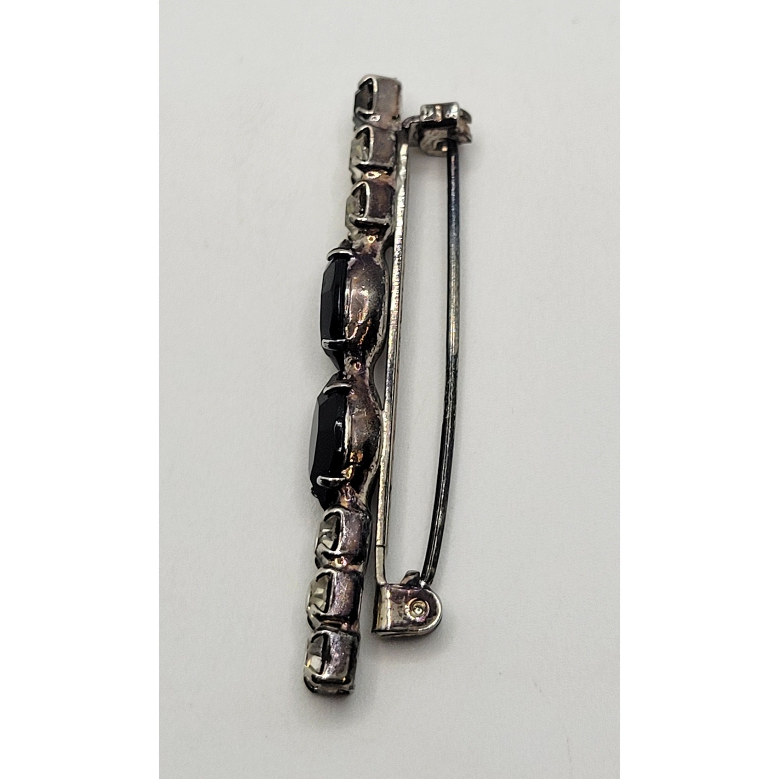 Vintage Art Deco Bar Brooch Pin Black Glass Navette Prong Set Rhinestone