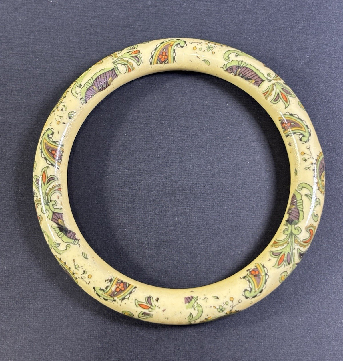 Vintage Japanese Ceramic Bangle Bracelet Beige Tan Paisley Floral
