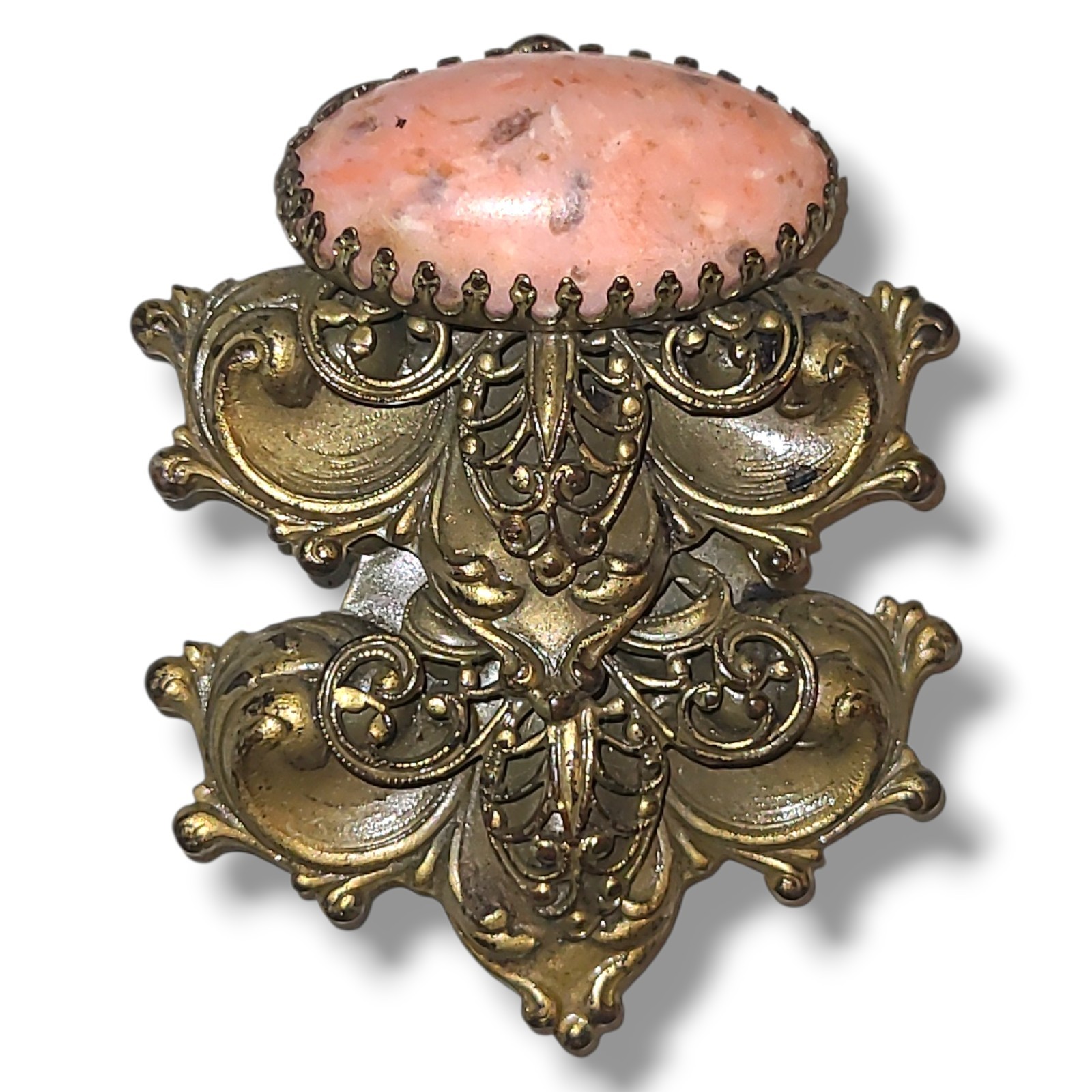 Vintage Art Nouveau Revival Dress Clip Pink Stone Cabochon Brass Tone Ornate