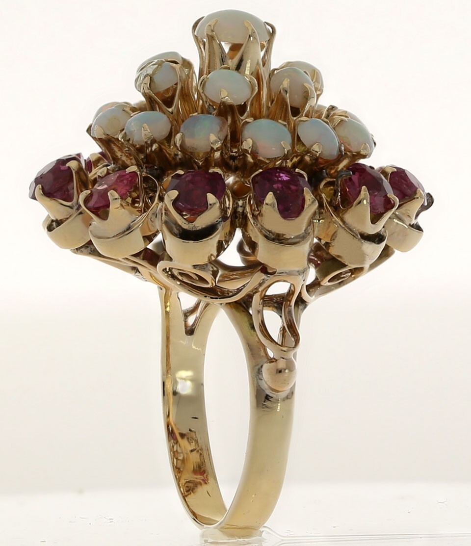 Antique Natural Ruby Opal Cluster Ring 4.10CT Yellow Gold Size 3.75