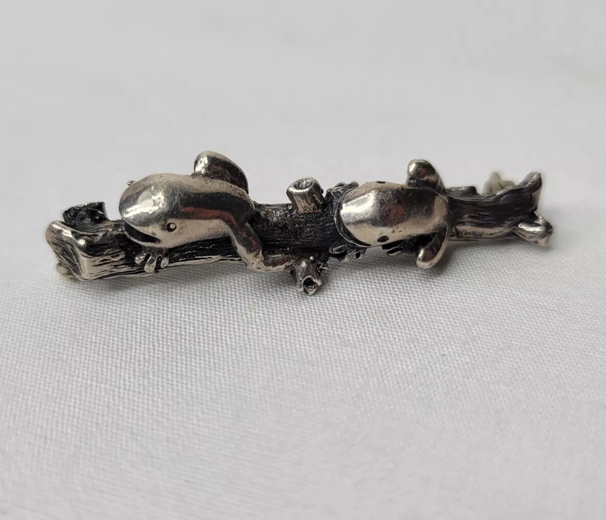 Vintage Frog Brooch Frogs On A Log Sterling Silver Bar Pin Artist Made Estate