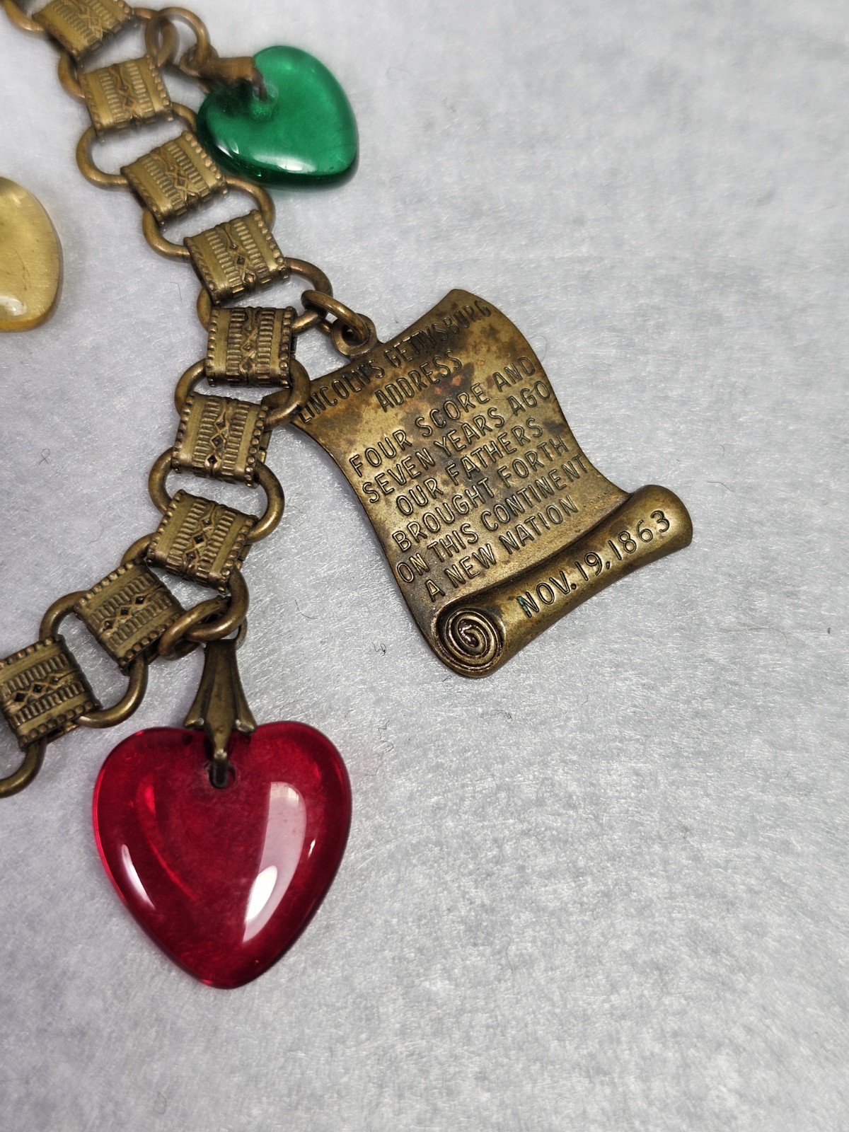 VTG United States US History Charm Bracelet Brass Enamel Bookchain Heart Charms