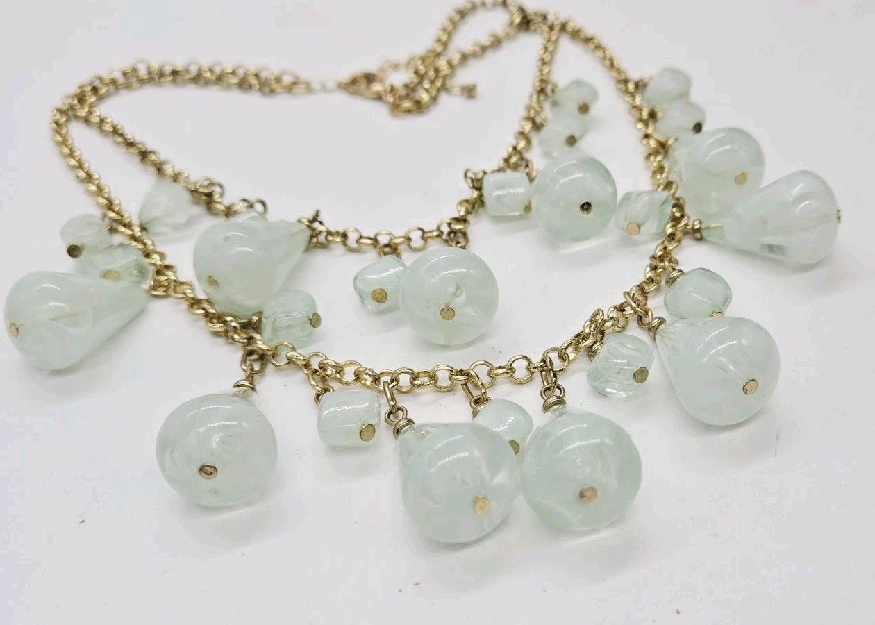 Green Marbled Charm Necklace Dangle Layered Lucite Gold tone Couture 18 in