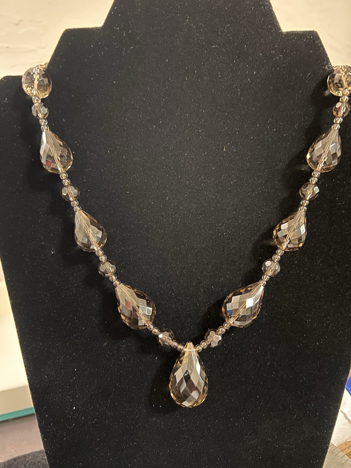Vintage Smoky Quartz Style Briolette Necklace Faceted Drops 14K Gold Statement