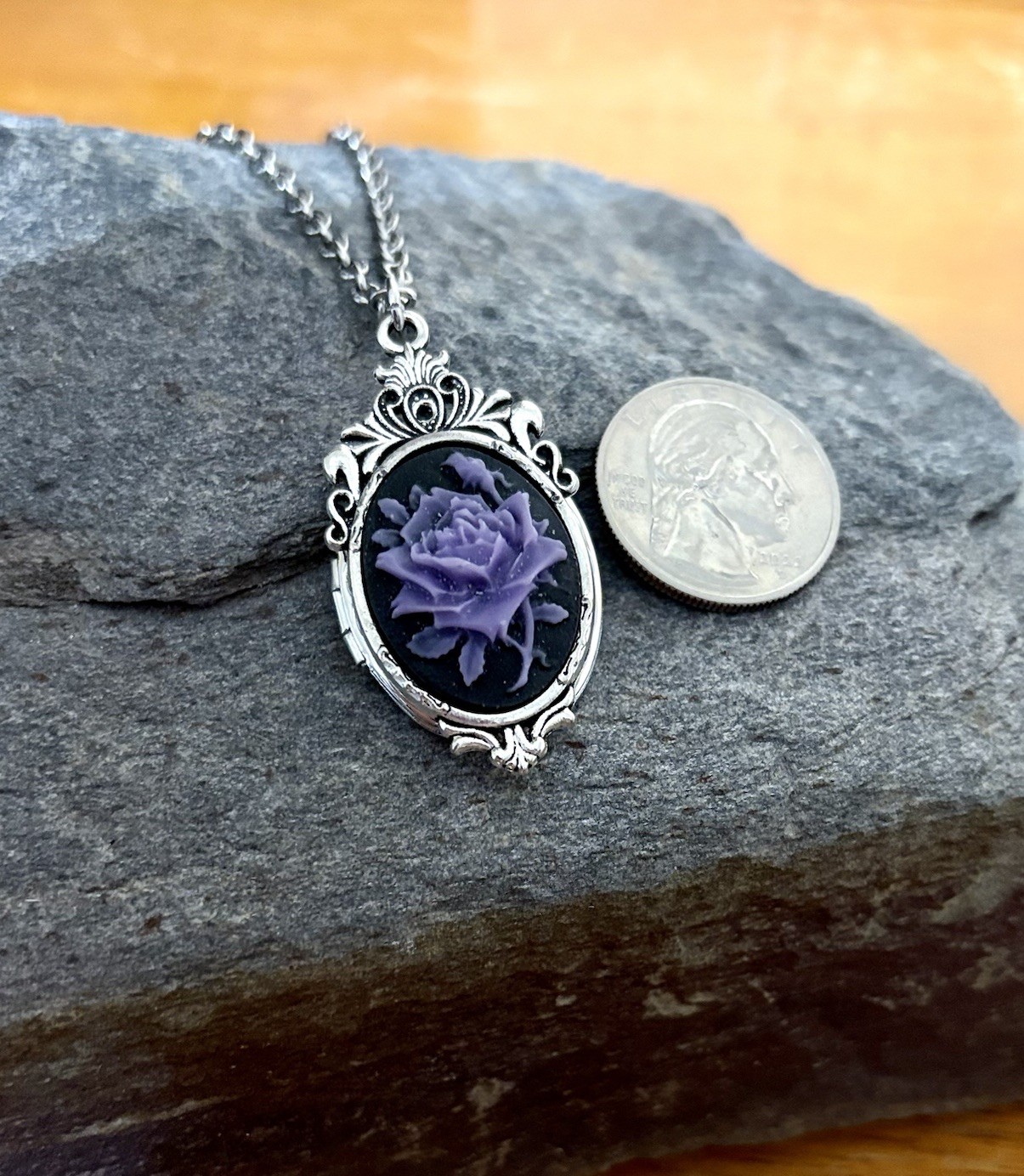 Victorian Purple Rose Cameo HIDDEN Locket Necklace Vintage Pillbox Stash Pendant