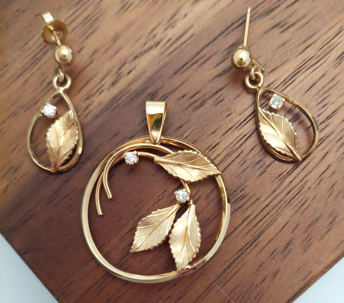 Vntg Van Dell Diamond/12kt Gold Fill Leaf Pendant/Earrings-925 Sterling Chain