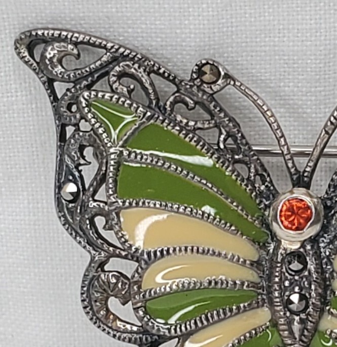Vintage Sterling Silver Butterfly Brooch Green Yellow Enamel Wings Figural Pin