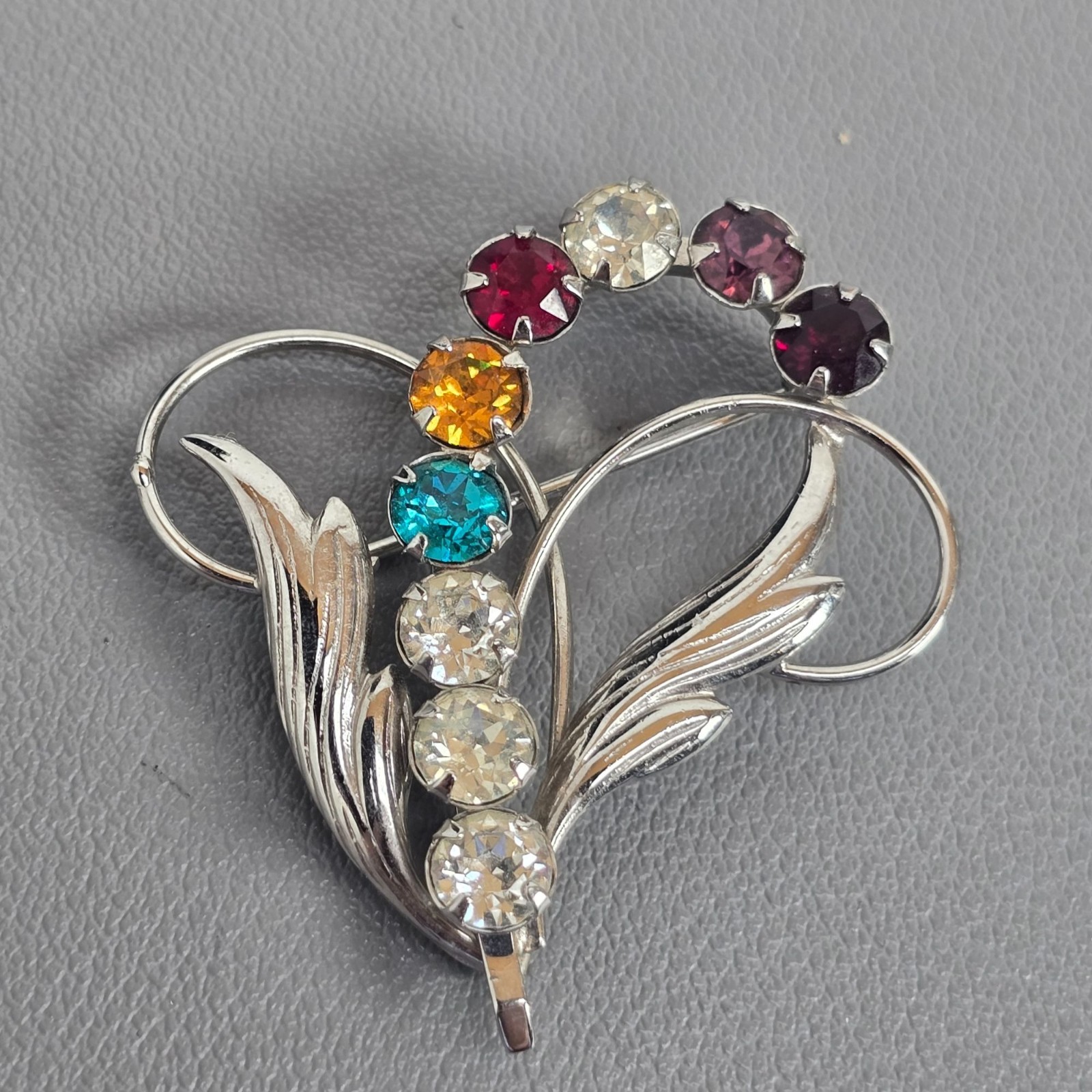 Carla 1/20 12K Gold-Filled Vintage Floral Brooch W/ Blue Red Clear Rhinestones