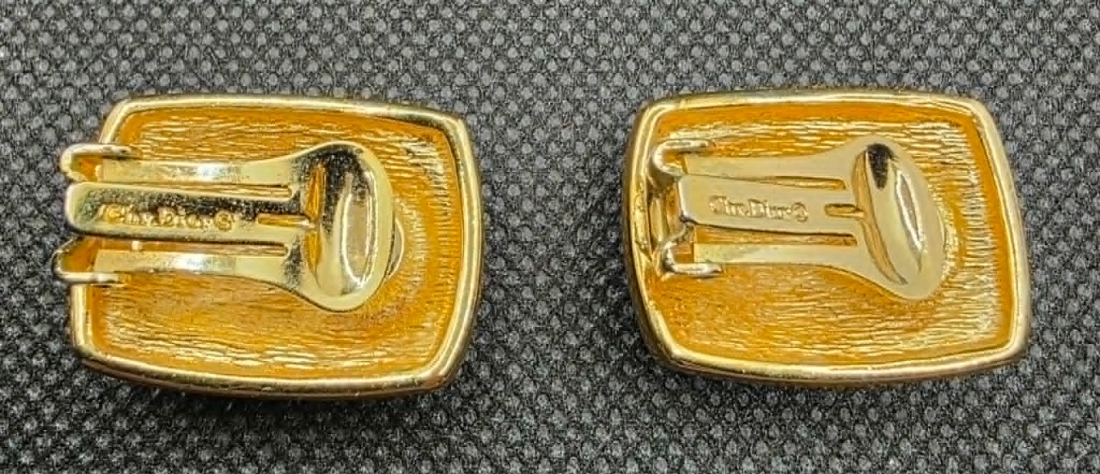 RARE! VTG Christian Dior Gold Tone Black Enamel Clear Rhinestone Earrings Signed