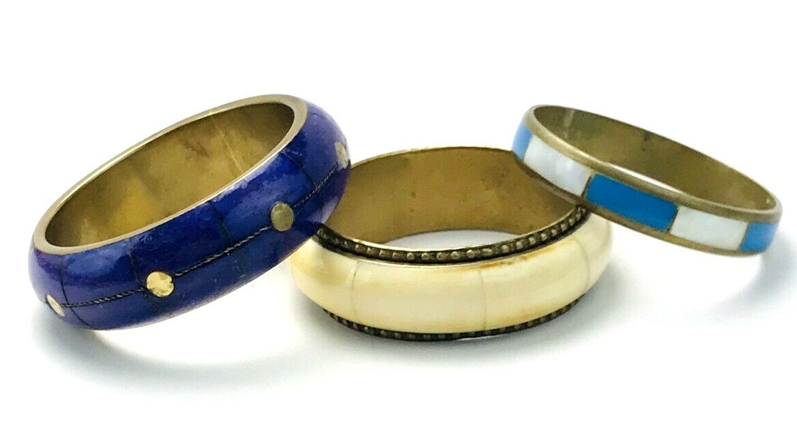 Lot of Three Vintage Brass Shell Inlay Bangle Bracelets India