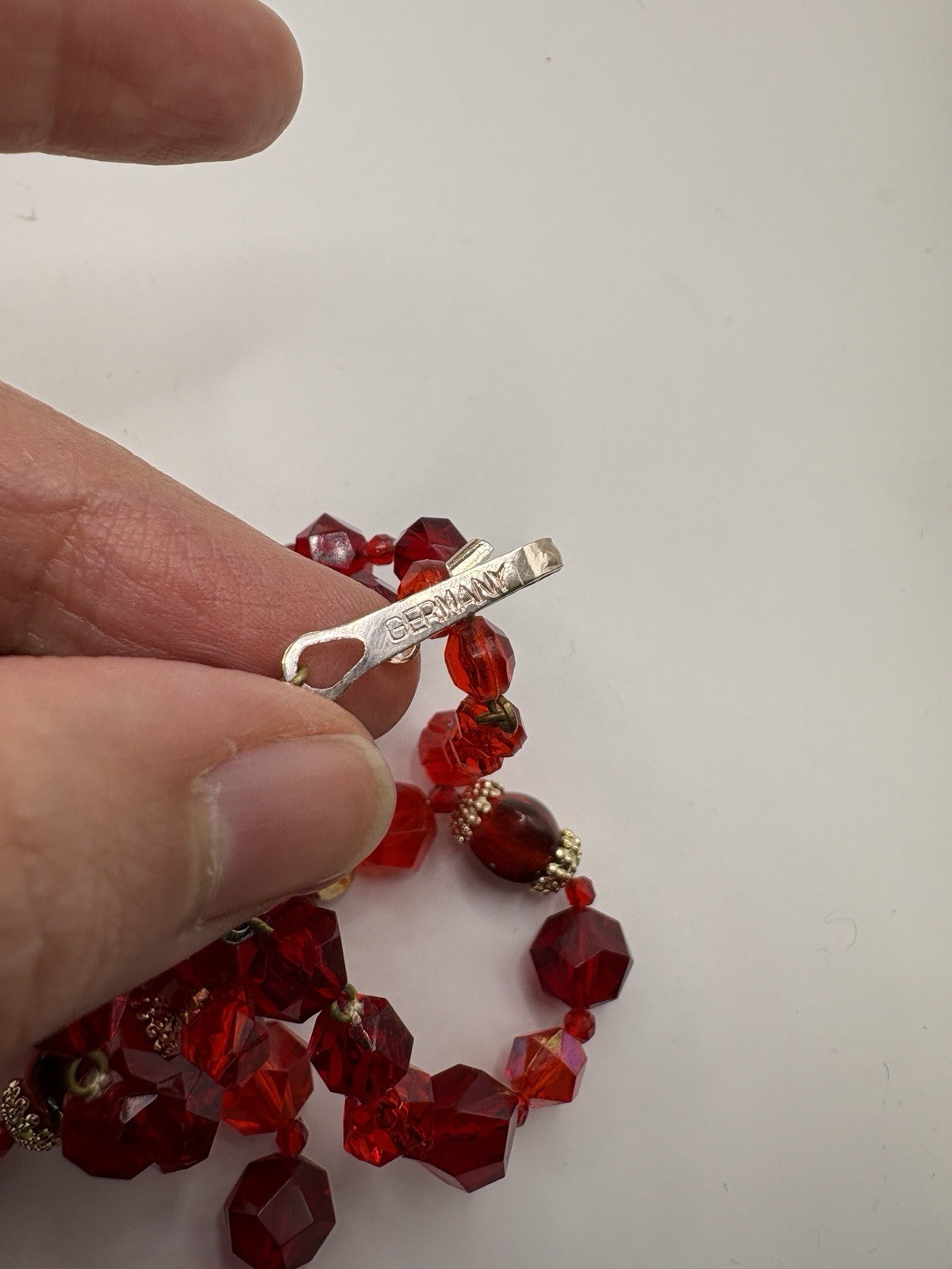 Vintage Germany Signed Cherry Red Lucite Multi strand Adjustable Necklace