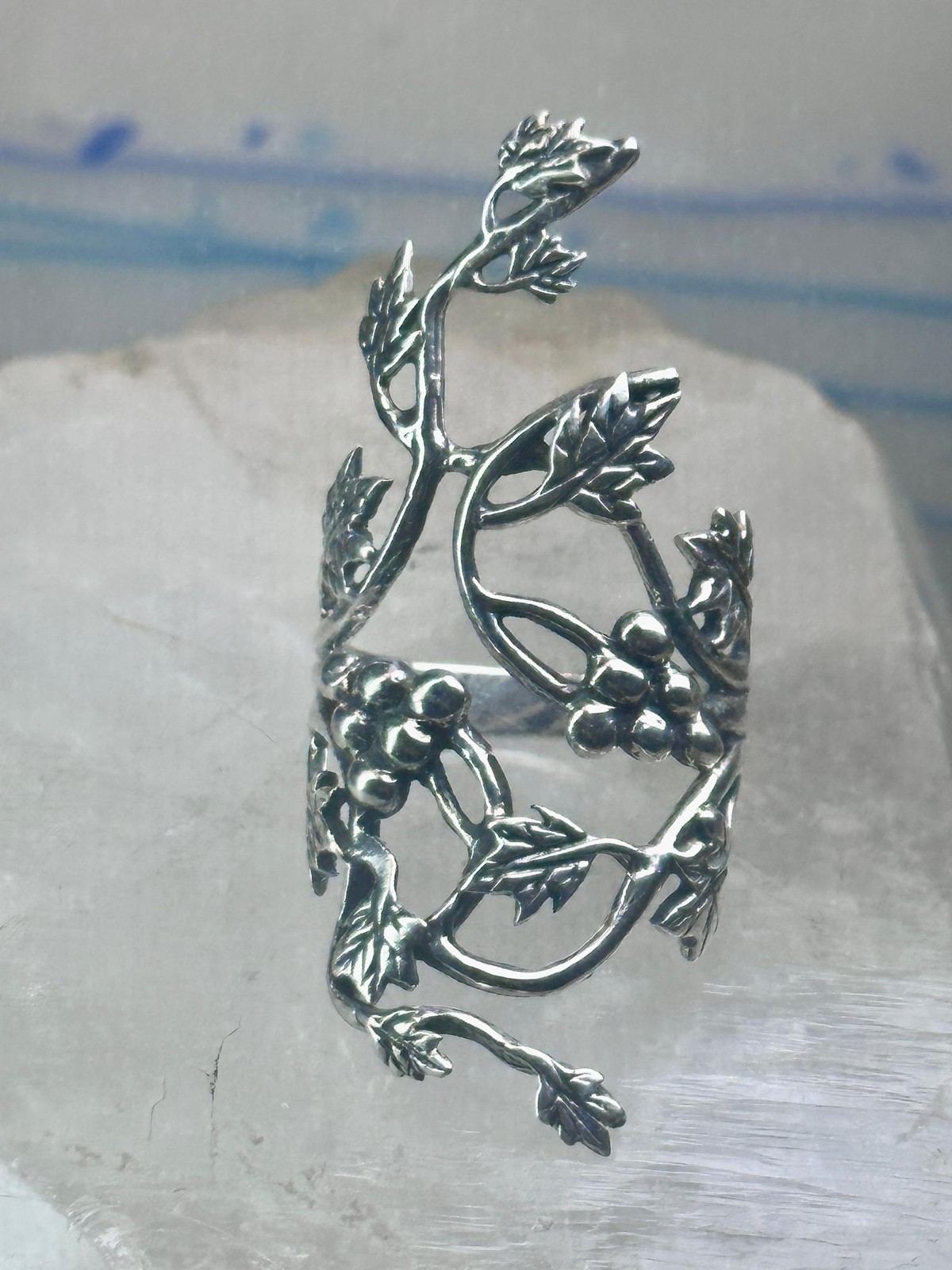 Long grape leaves ring long vine full finger band size 9 sterling silver women