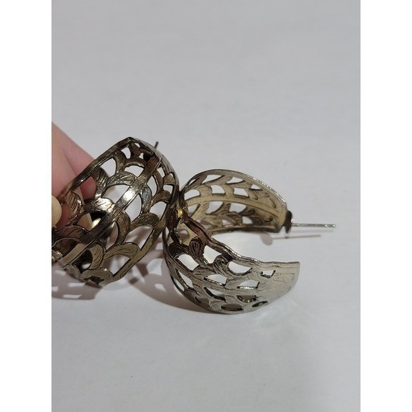 Vintage silver tone filigree half moon hoops post earrings