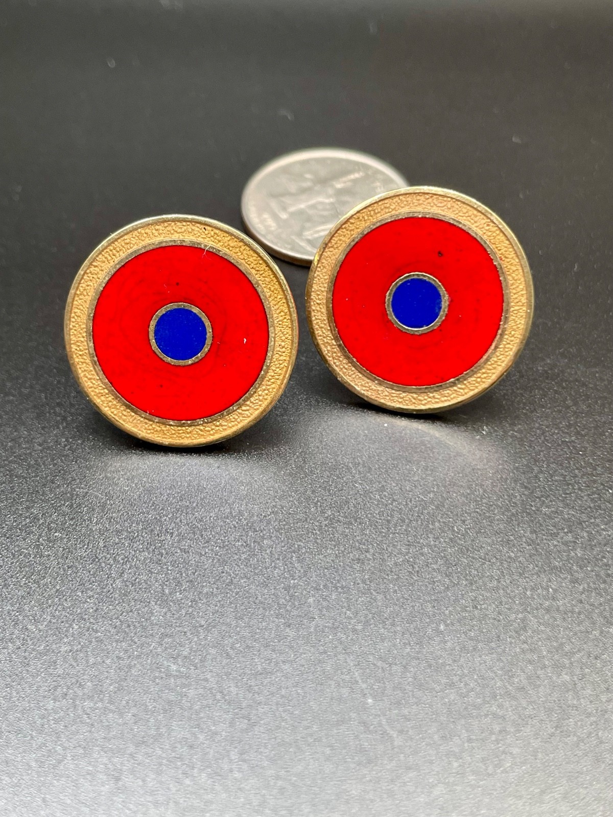 Vintage Gold Tone Mod Red Blue Enamel Target Bullseye Cufflinks Mid Century