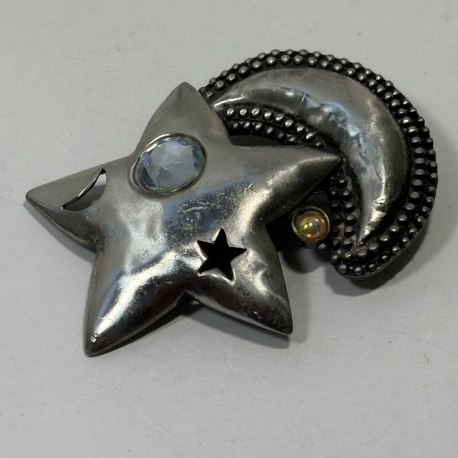 Vintage J.J Jonette Pewter Star Crescent Moon Pin Crystals Pierced Celestial 2″