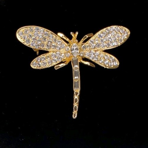 Unsigned Gold Tone White/Colorless Rhinestones Dragonfly Brooch Pin