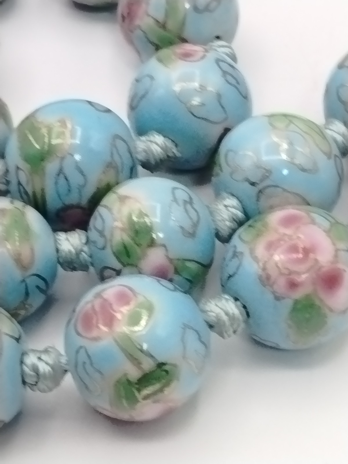 Vintage Hand Painted Faux Cloisonne Porcelain Bead Knotted Necklace Blue 25″