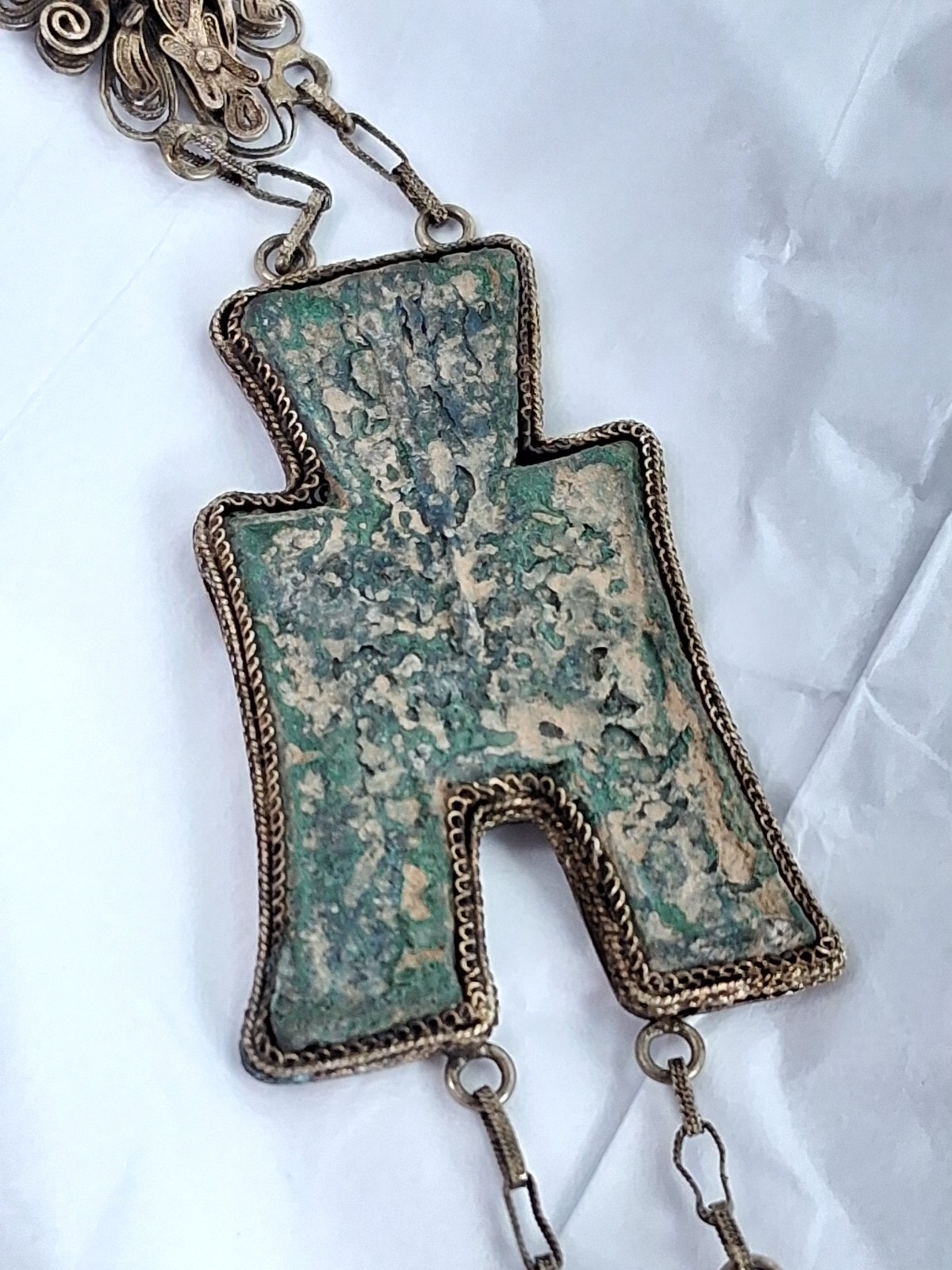 Rare Refined Art Deco Chinese Export Filigree Necklace Spade Money YAN