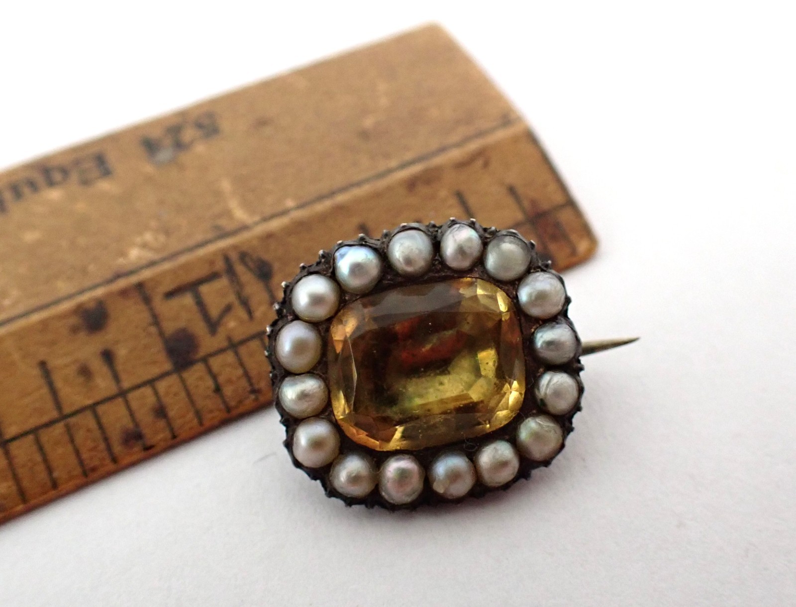 Antique Georgian English Brooch Yellow Topaz w/Split Pearl Halo Gold Setting