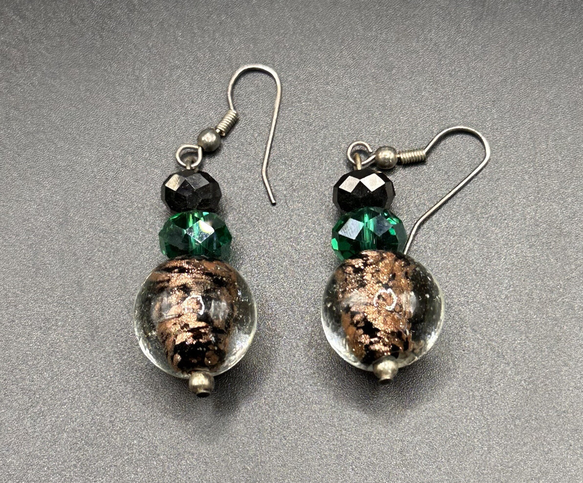Stunning Necklace Glass Pendant Necklace & Earrings Art Foil Green Copper