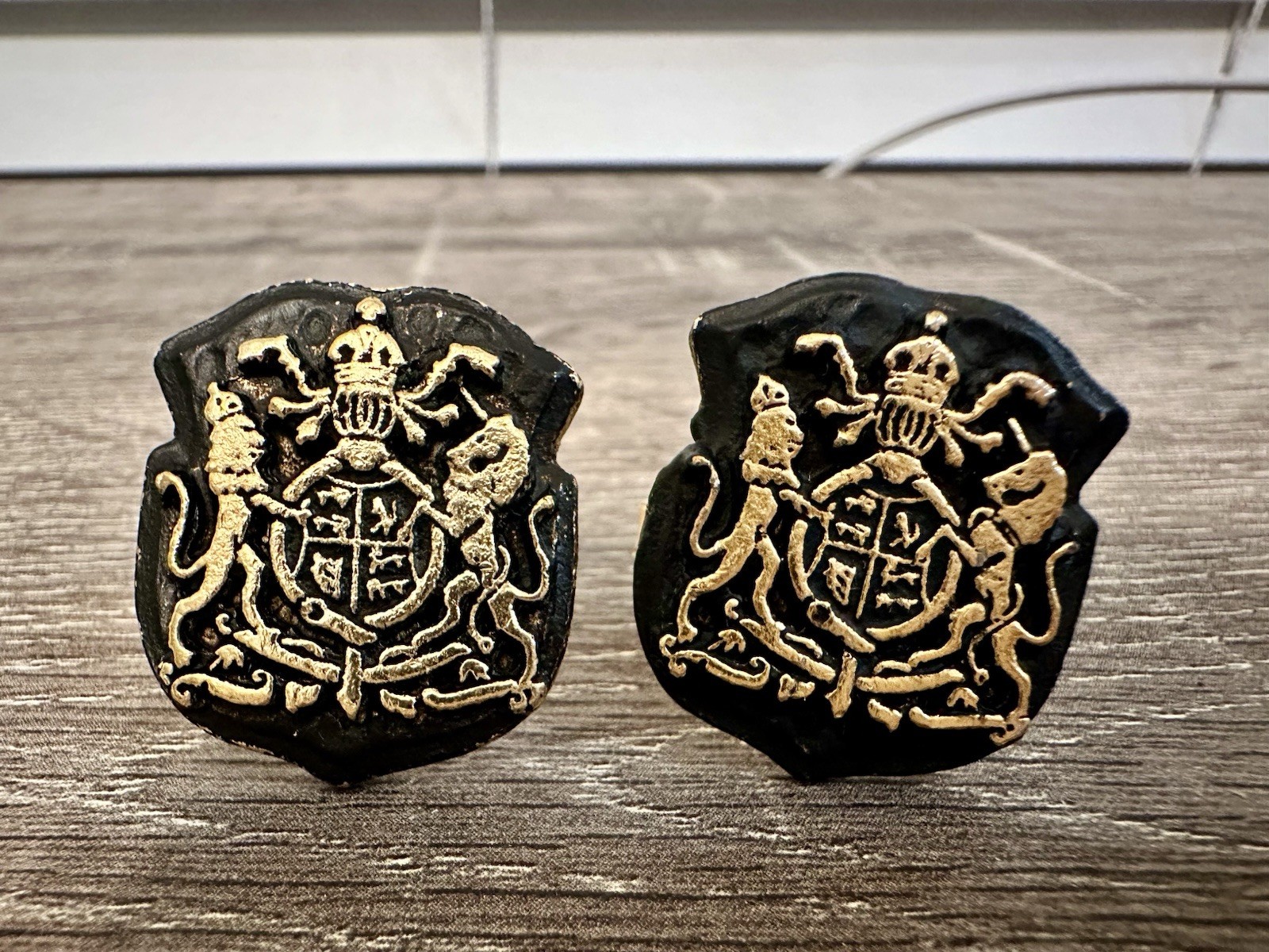 Vintage Gold Tone Crest Cufflinks Black Enamel Shield Lion Coat of Arms