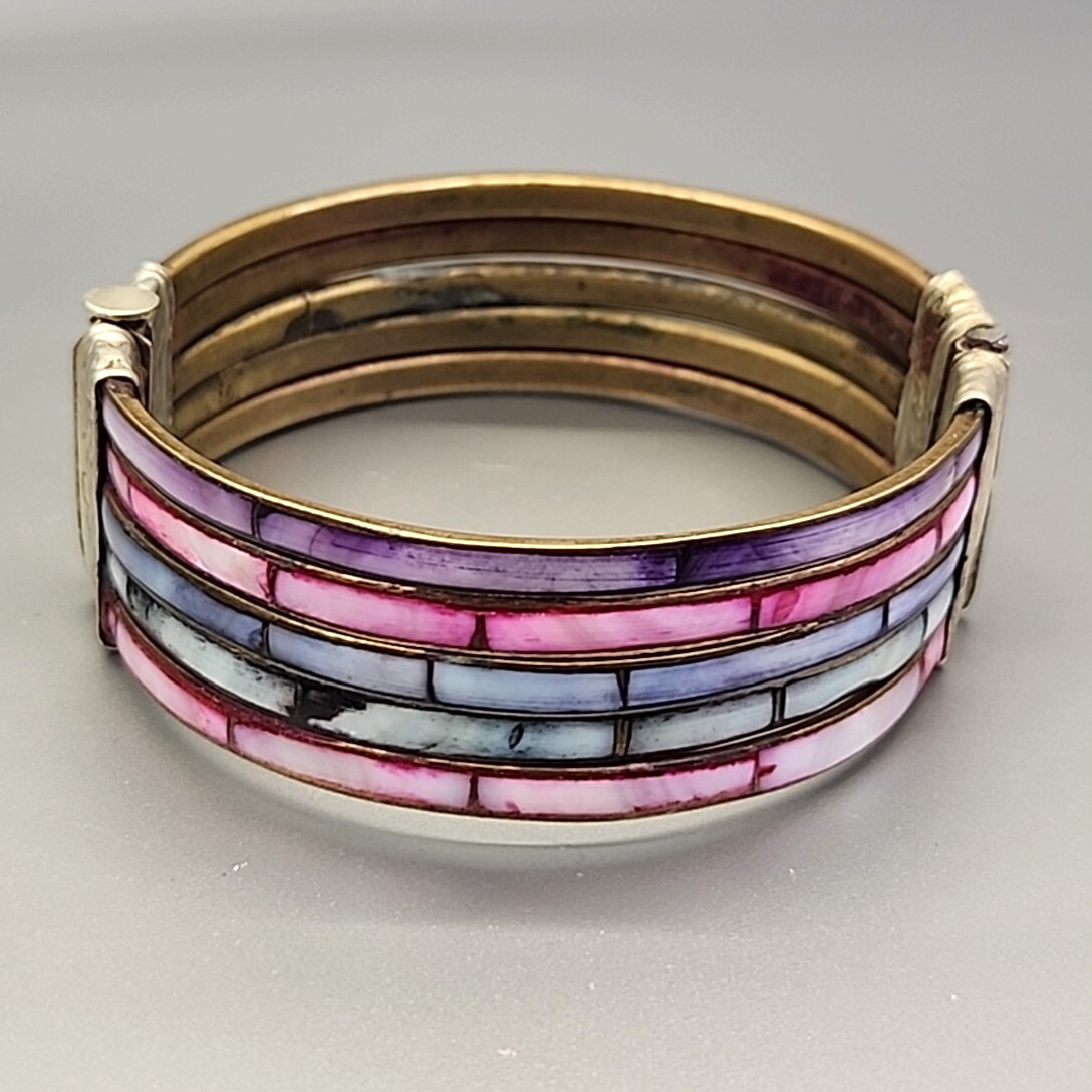 Vintage Hinged Bracelet Bangle Mother of Pearl Dyed Pink Purple Blue 8″