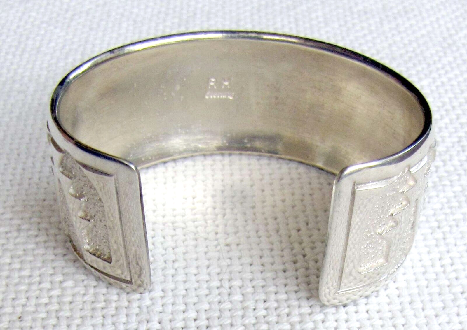 Old Guilloche Solid Silver Sterling Cuff Bracelet, 49 gr., maker’s mark: RH